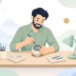 裏蓋固定台を使って腕時計を整備する時計修理技師の様子をイメージしたイラスト