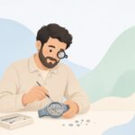 ヘッドルーペを着けて時計の部品を点検する時計修理技師の様子をイメージしたイラスト