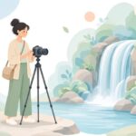 滝を低速シャッターで撮影する様子をイメージしたイラスト