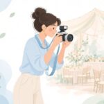 結婚式場でストロボを使って撮影する様子をイメージしたイラスト