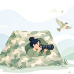 ブラインドテントから野鳥を撮影する様子をイメージしたイラスト