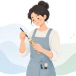 マウスピースブラシで管楽器を清掃する修理技術者の様子をイメージしたイラスト