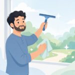 窓ガラスを拭き跡なく掃除する様子をイメージしたイラスト