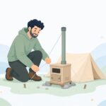 薪ストーブの煙突をワイヤーで固定する様子をイメージしたイラスト