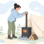 薪ストーブの煙突にスパークアレスターを付ける様子をイメージしたイラスト