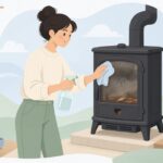 薪ストーブのガラスをクリーナーで掃除する様子をイメージしたイラスト