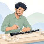 木管楽器のキーにフェルトを貼る様子をイメージしたイラスト