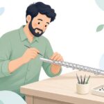 バネフックで管楽器のバネを調整する修理技師の様子をイメージしたイラスト