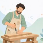 下穴錐で木材に下穴をあける木工職人の様子をイメージしたイラスト