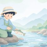 渓流で釣ったヤマメからフォーセップで針を外す様子をイメージしたイラスト