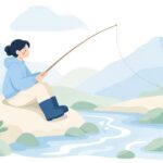 渓流でテンカラ釣りをする様子をイメージしたイラスト