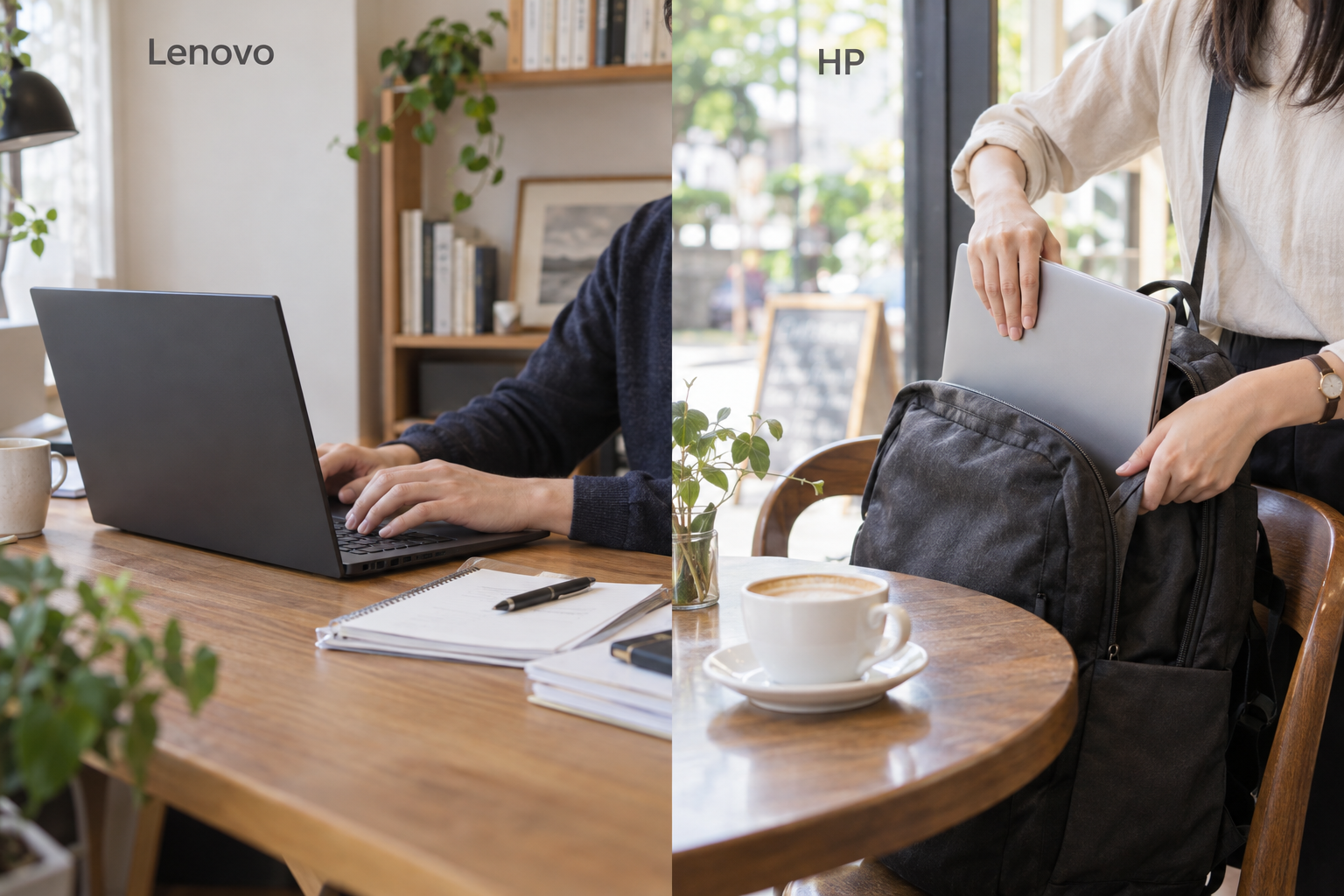 左は机でノートPCを操作する人、右はカフェでノートPCをバッグにしまう人